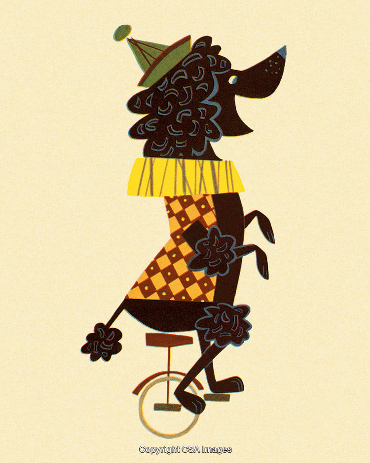 Colorful Illustration of a Circus Poodle Riding a Unicycle with Party Hat