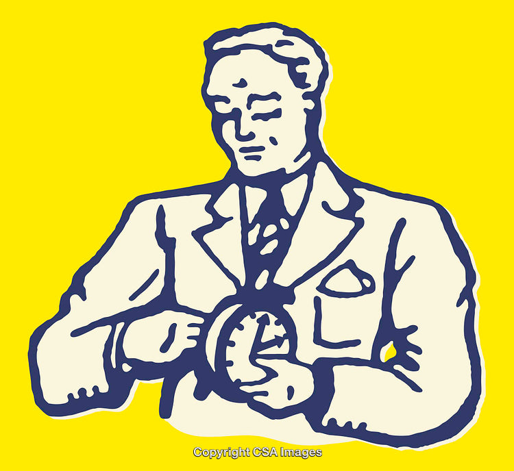 Vintage Styled Illustration of a Man Holding a Clock on Yellow Background