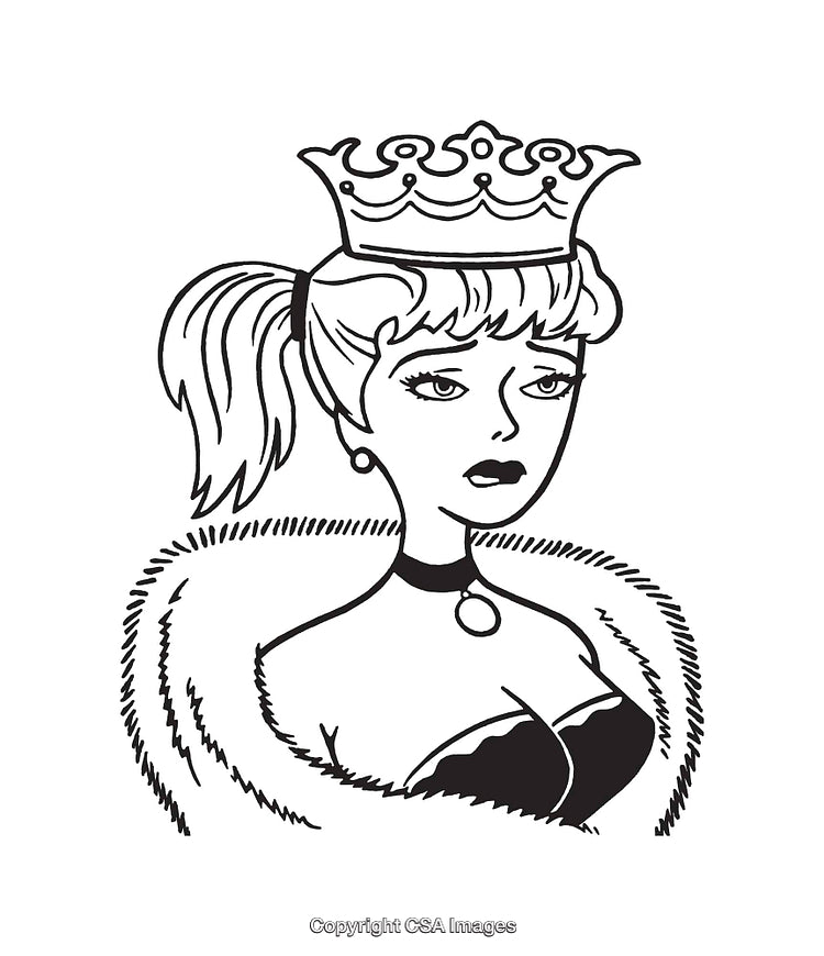 Black and White Line Art of a Queen with an Ornate Crown