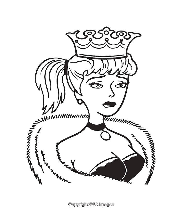 Black and White Line Art of a Queen with an Ornate Crown
