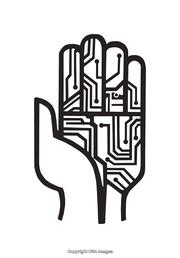 Black And White Illustration of a Hand with Circuit-Like Patterns