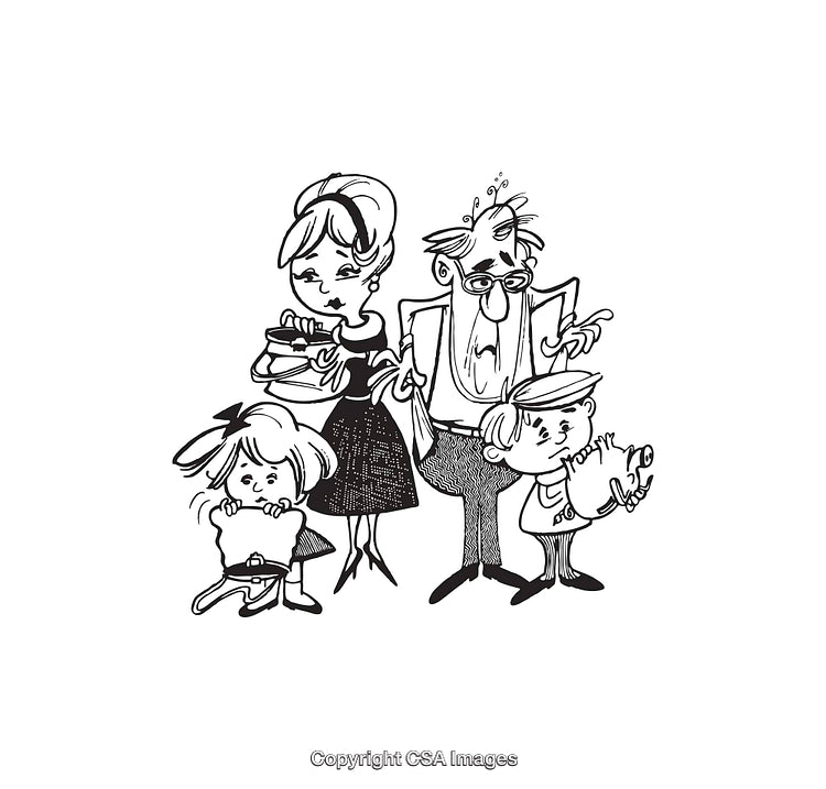 Black and White Illustration of a Family in a Comedic Situation