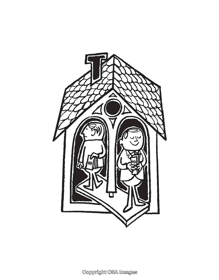 Black and White Line Art of Children Entering a Building