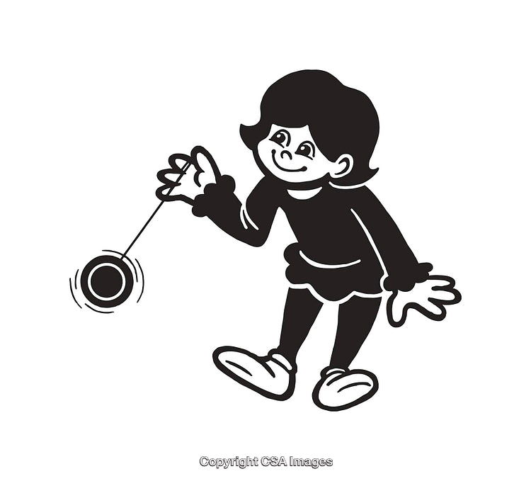 Black and White Illustration of a Girl Playing with a Yo-Yo