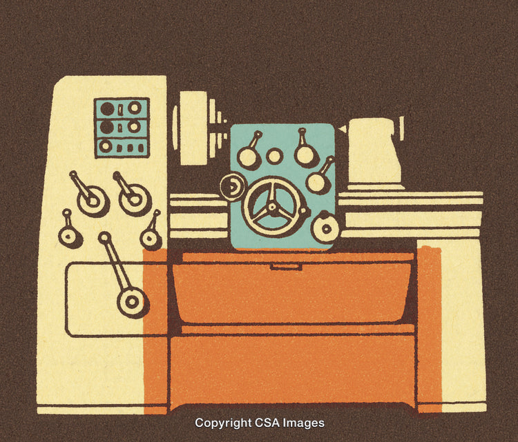 Vintage Illustration of a Detailed Industrial Lathe Machine in Vibrant Colors