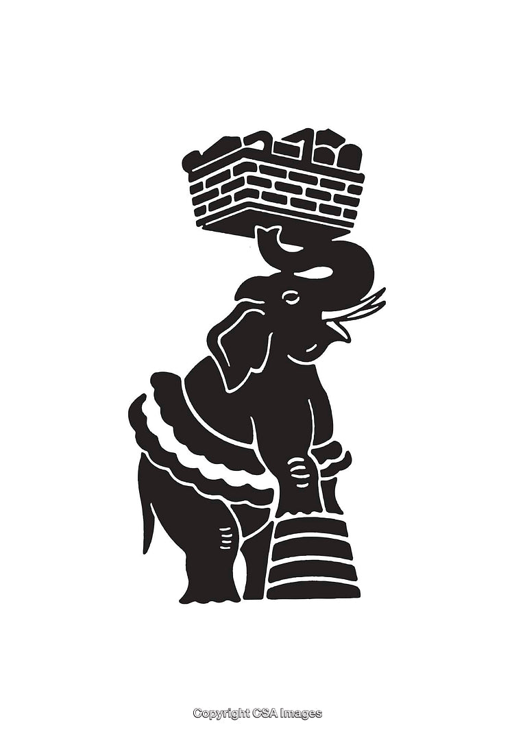 Black and White Decorative Elephant and Brick Crown Illustration