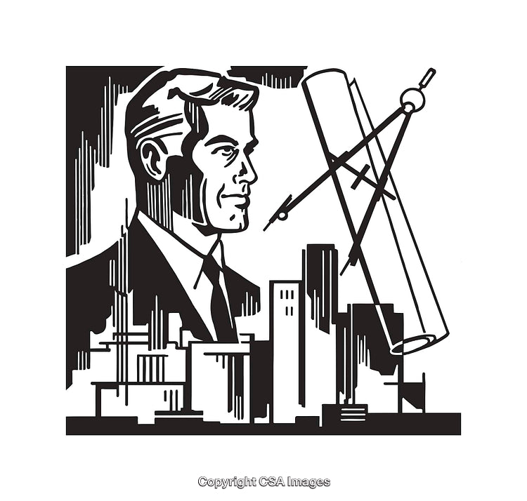 Architect Portrait With City and Drafting Tools in Black and White