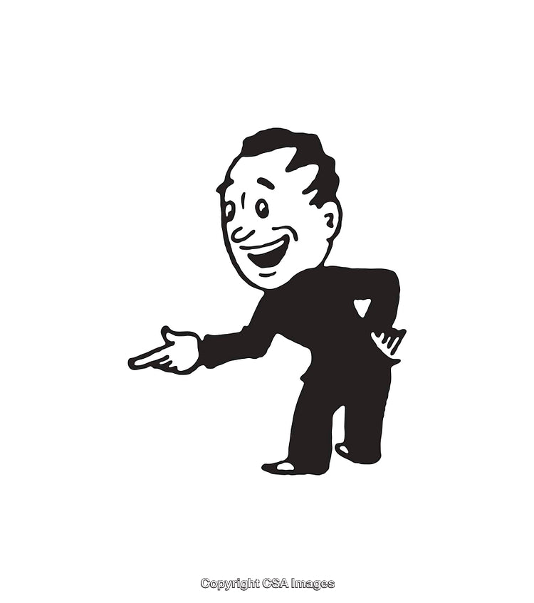 Retro Style Black and White Line Art of a Cheerful Man Gesturing