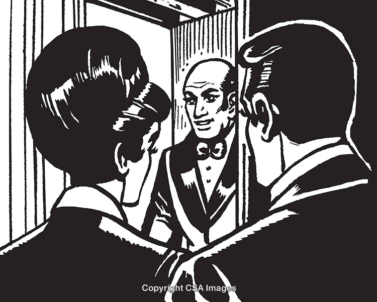 Vintage Black-and-White Scene of Dialogue at a Door
