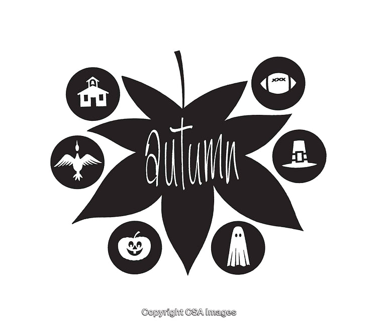 Black and White Autumn Line Art Featuring Seasonal Icons and Text