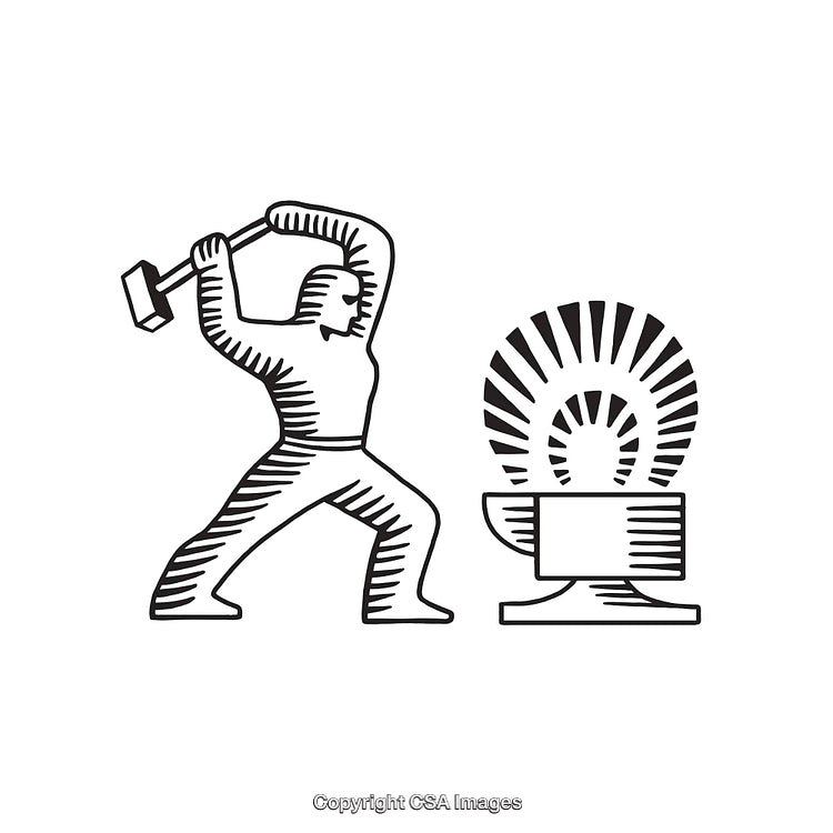 Black and White Line Art of Worker and Industrial Machine