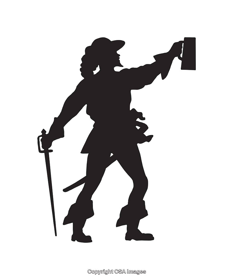 Silhouette of a Pirate Holding a Mug and Sword in Line Art