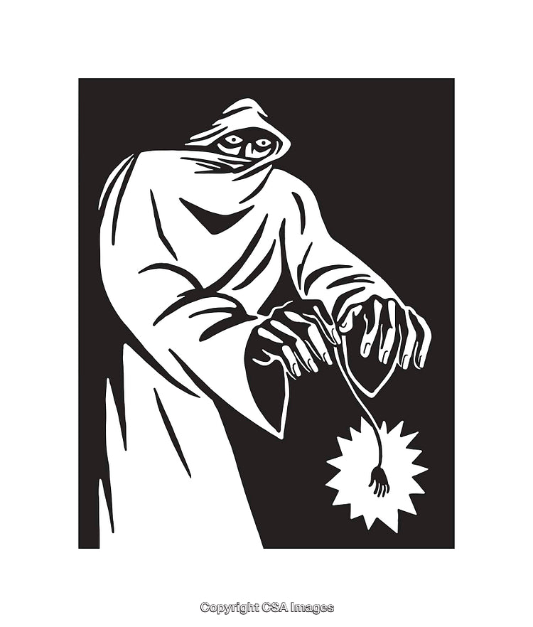 Black and White Illustration of Hooded Figure With Mysterious Glow