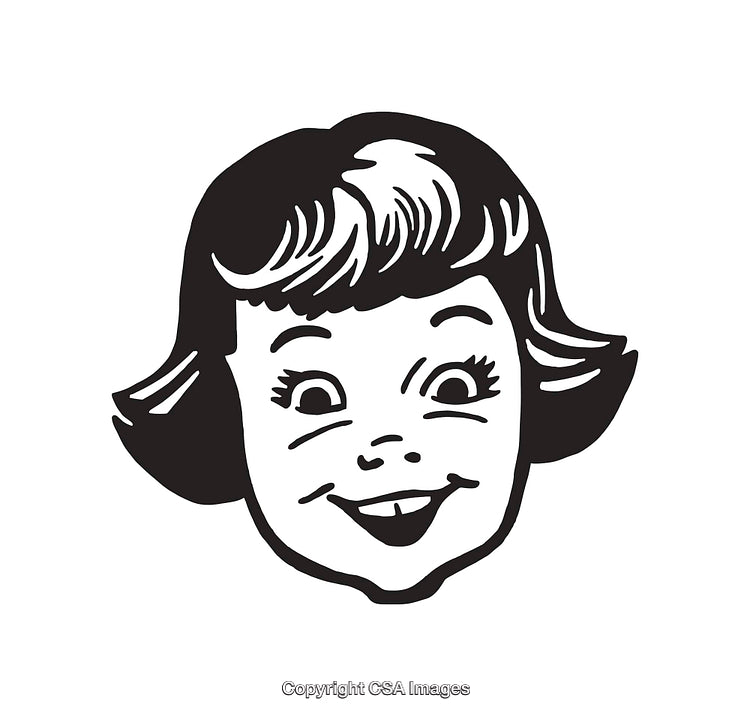 Vintage Line Art of a Happy Smiling Cartoon Girl Face