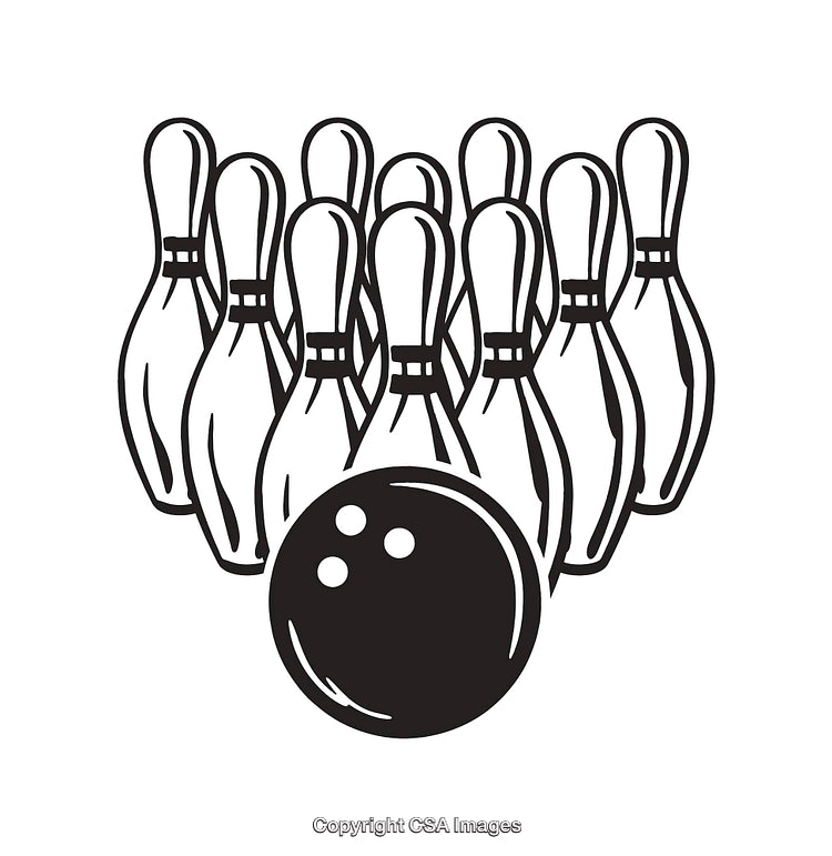Black and White Line Art of Bowling Ball and Pins