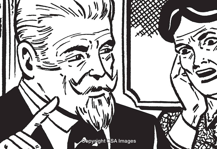 Vintage Black-and-White Illustration of Serious Conversation Between Two Characters