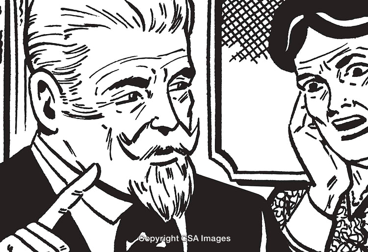 Vintage Black-and-White Illustration of Serious Conversation Between Two Characters