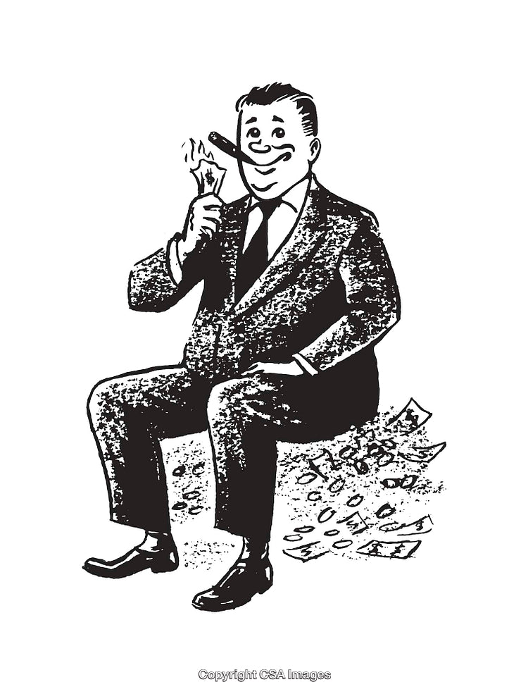 Black and White Illustration of Wealthy Businessman Enjoying Riches
