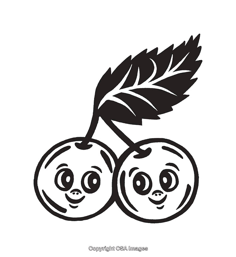 Cute Smiling Cherry Pair Line Art With Leaf Illustration