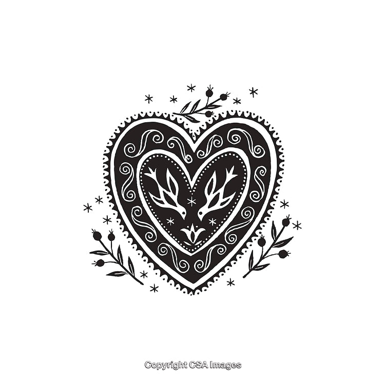Intricate Black and White Heart Line Art Illustration with Floral Details