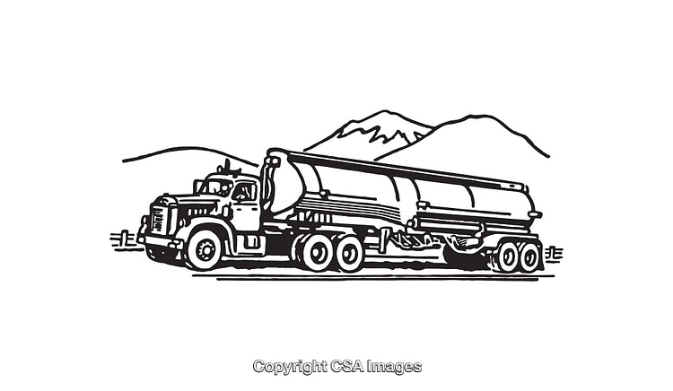Detailed Line Art Illustration of a Tanker Truck with Mountain Background