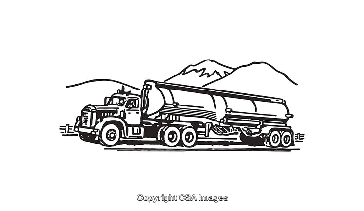 Detailed Line Art Illustration of a Tanker Truck with Mountain Background