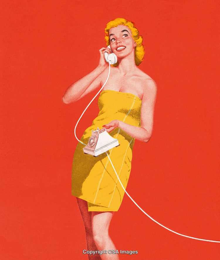 Retro-Style Illustration of a Woman With a Telephone on Red Background