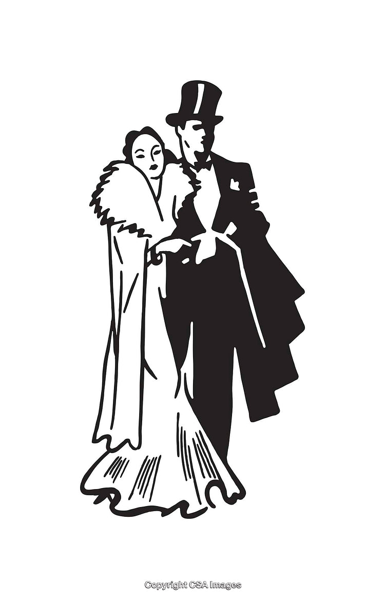 Elegant Couple in Formal Attire in Monochrome Line Art