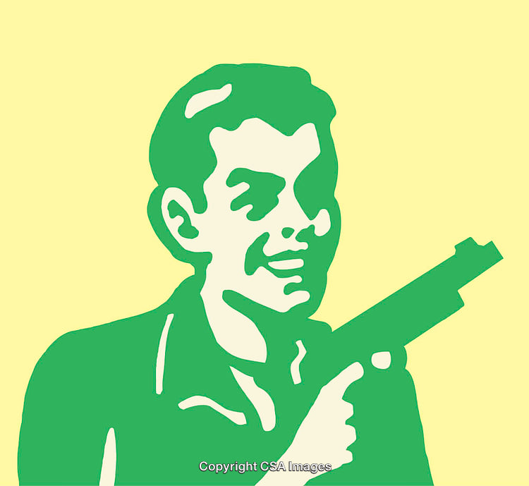 Bold Green Line Art Illustration of a Smiling Figure Holding a Gun