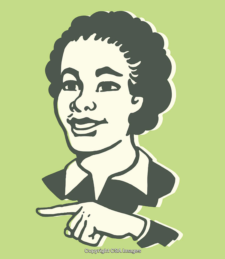 Retro Styled Illustration of a Smiling Woman Pointing on a Green Background