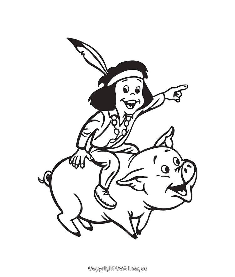 Child Riding a Pig in Black and White Line Art Illustration