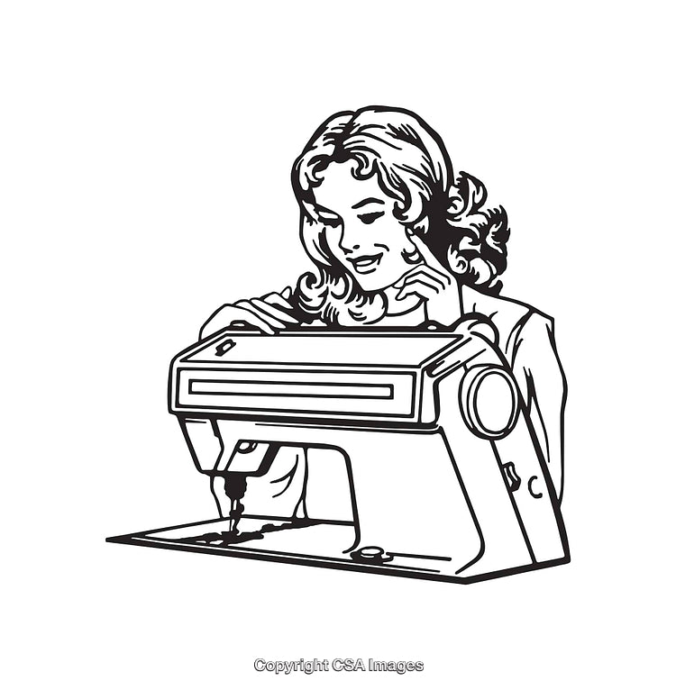 Black and White Line Art of a Woman Using a Sewing Machine