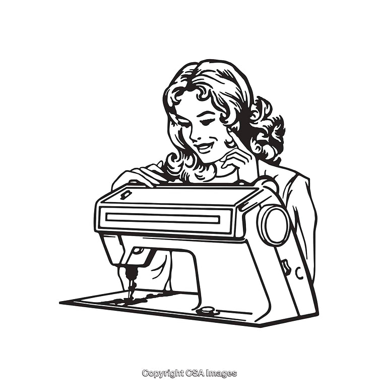 Black and White Line Art of a Woman Using a Sewing Machine