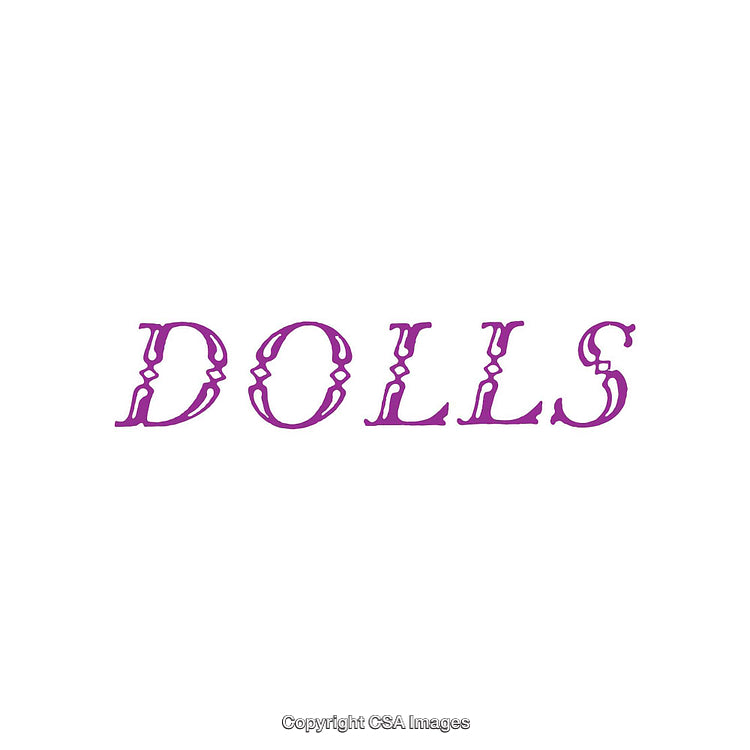 Purple Ornate Font Word Design Highlighting the Term Dolls on White Background