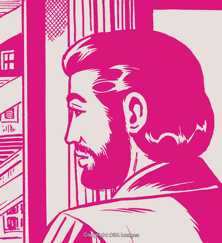Illustration of a Thoughtful Man Looking Out a Window in Pink Tones