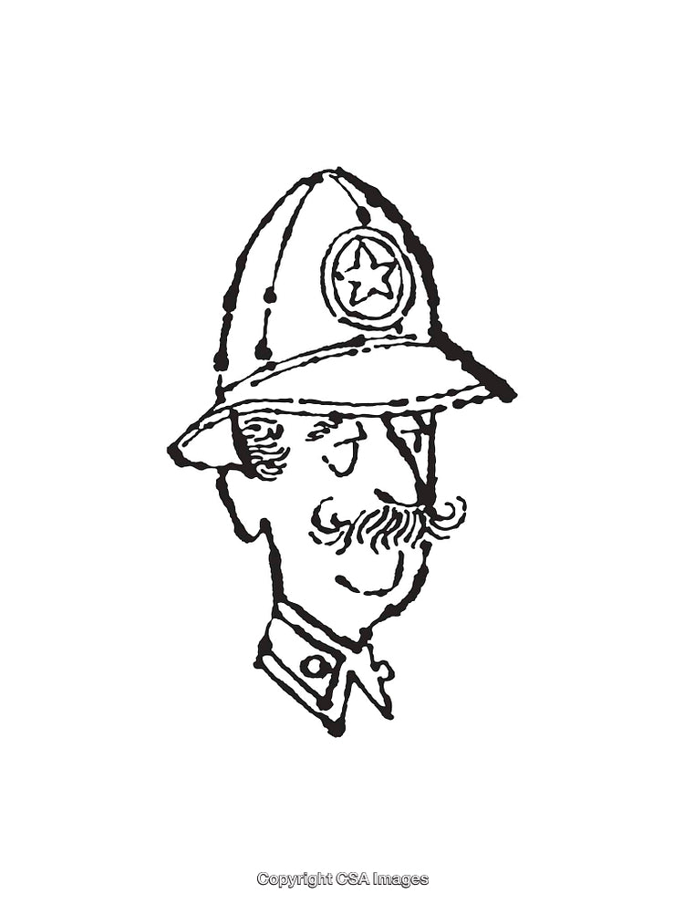 Vintage Black and White Drawing of a Mustached Man in Uniform Hat