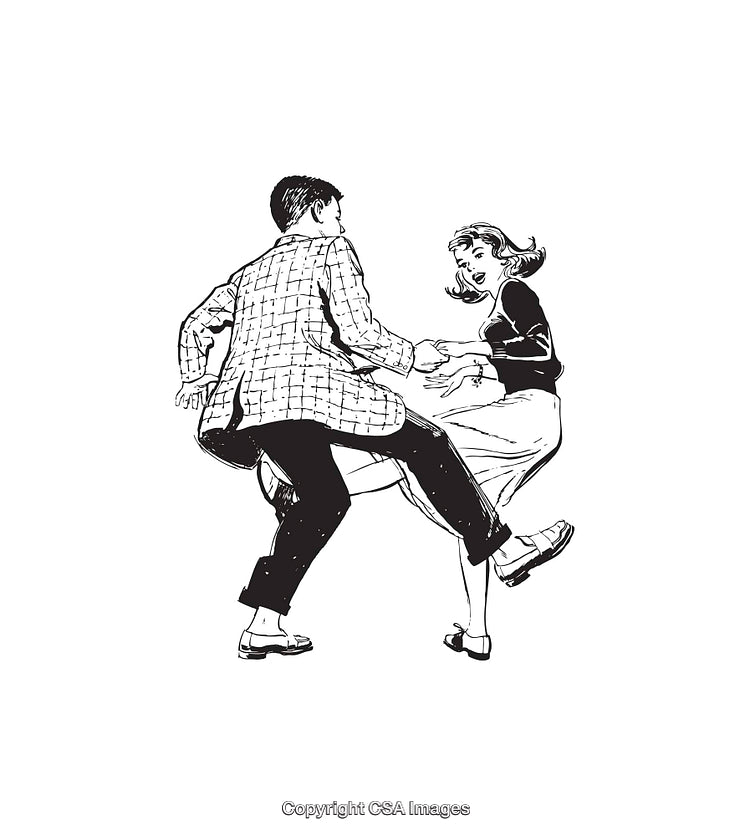 Two People Energetically Dancing in Black and White Line Art Style