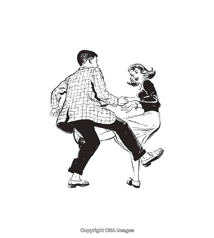 Two People Energetically Dancing in Black and White Line Art Style