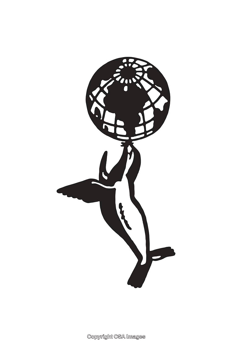 Black and White Illustration of a Seal Balancing a Globe