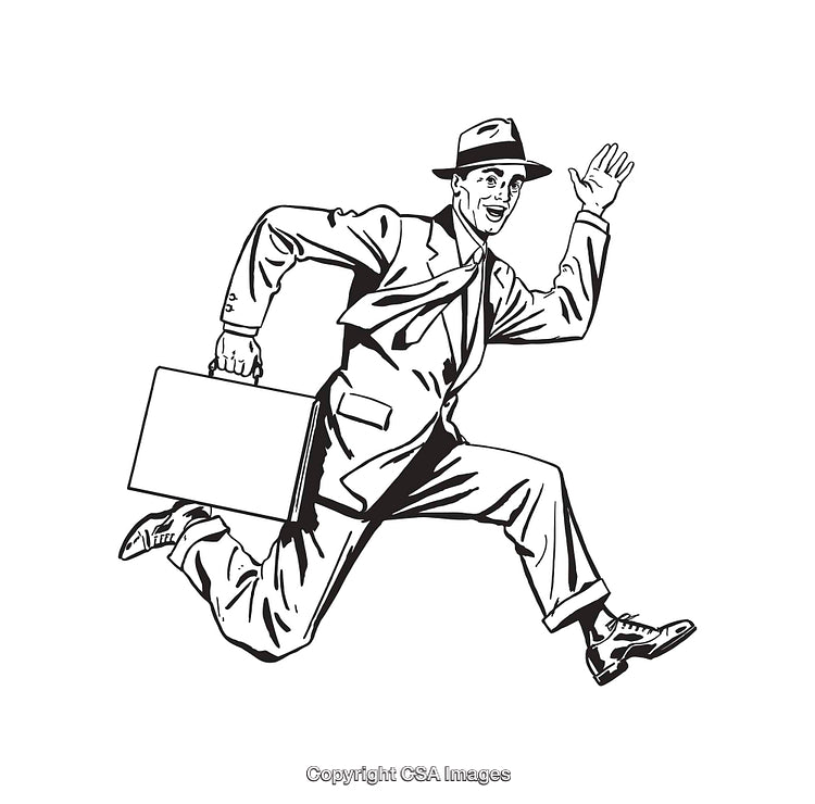 Vintage Businessman Running with Briefcase in Black and White Line Art