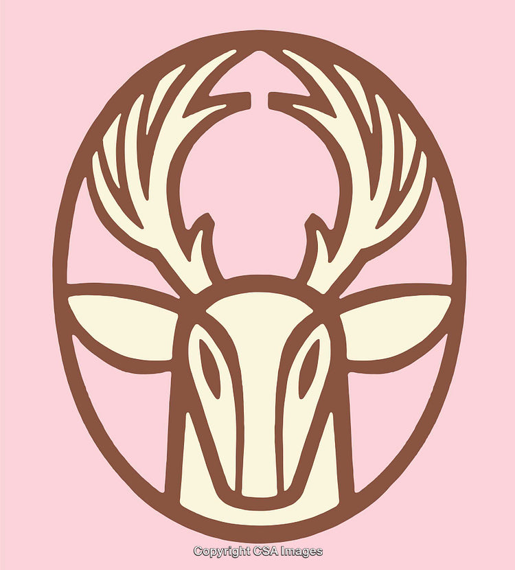 Abstract Deer Illustration with Antlers Encased in Stylized Brown Oval
