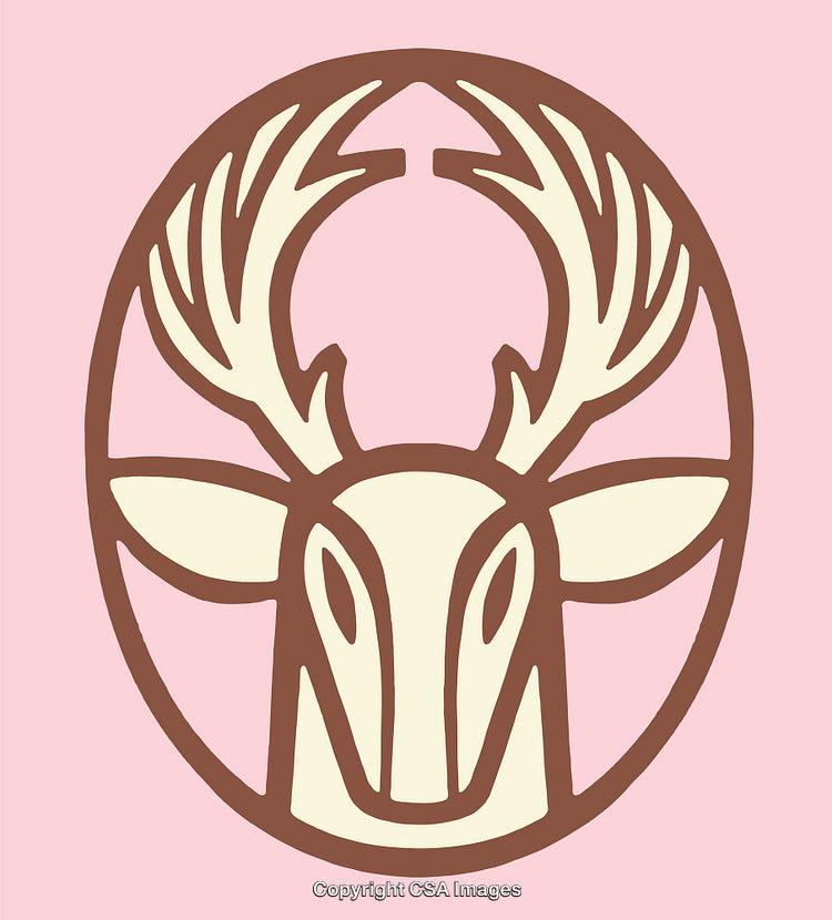 Abstract Deer Illustration with Antlers Encased in Stylized Brown Oval