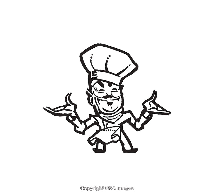 Black And White Illustration of a Happy Chef Holding Food