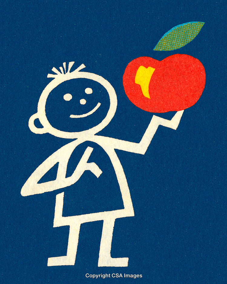 Illustration of a Smiling Character Holding a Red Apple on a Blue Background
