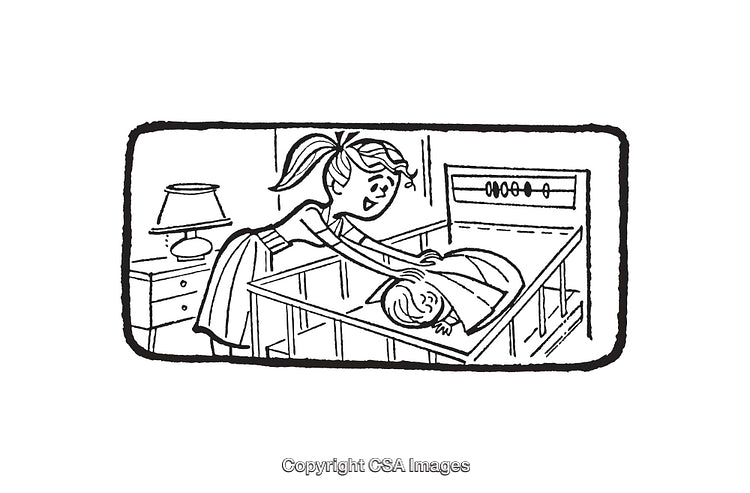 Black and White Illustration of a Woman Caring for a Cribbed Baby