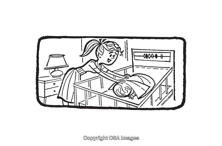 Black and White Illustration of a Woman Caring for a Cribbed Baby