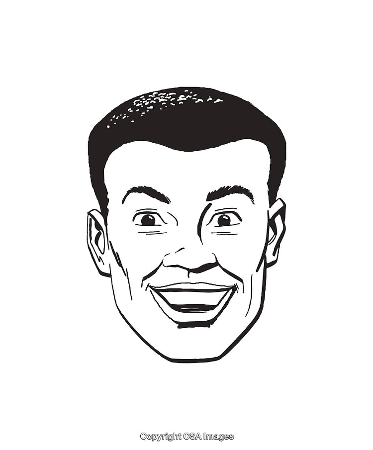 Excited Male Character in Black and White Line Art Drawing Style