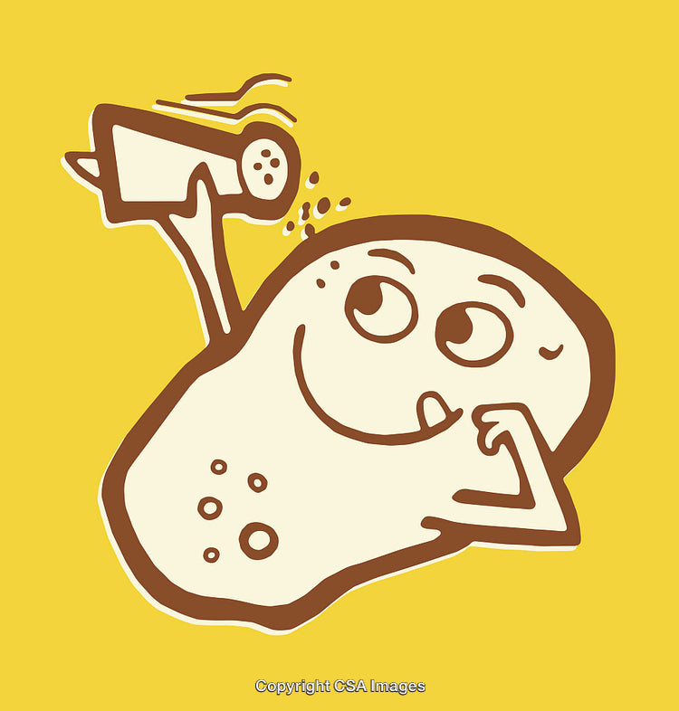 Cartoon Potato Character Adding Flavor with a Salt Shaker on Yellow