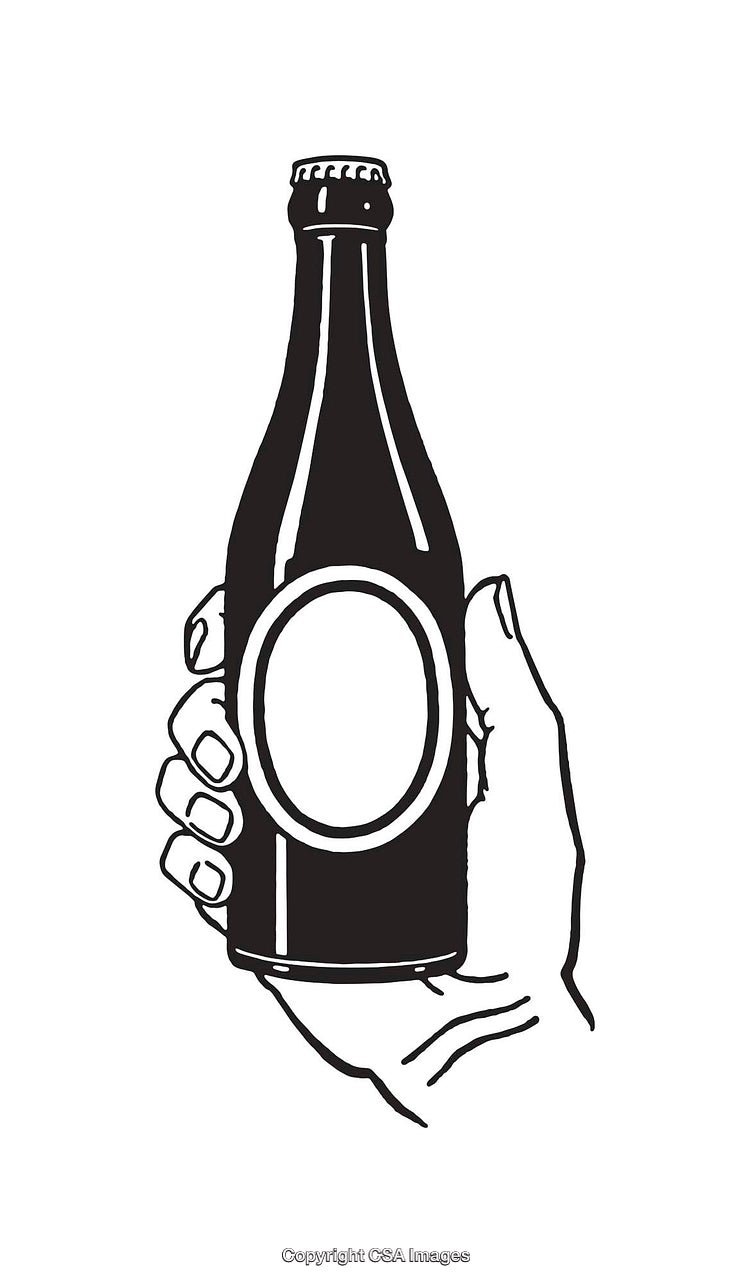 Black and White Line Art of Hand Holding a Beverage Bottle