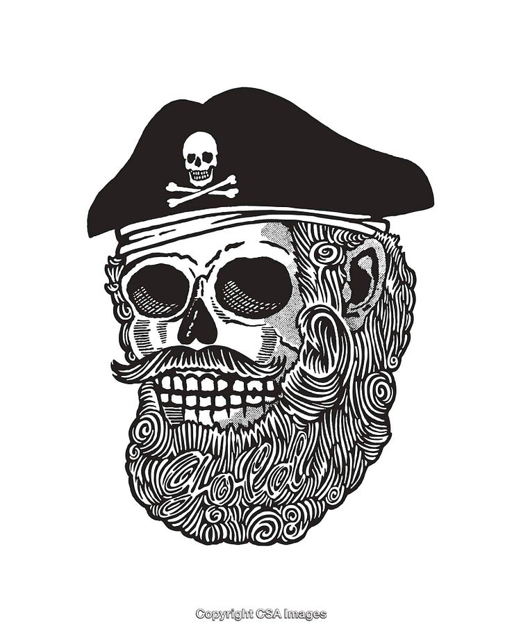 Stylized Pirate Skull Illustration with Beard and Hat in Monochrome